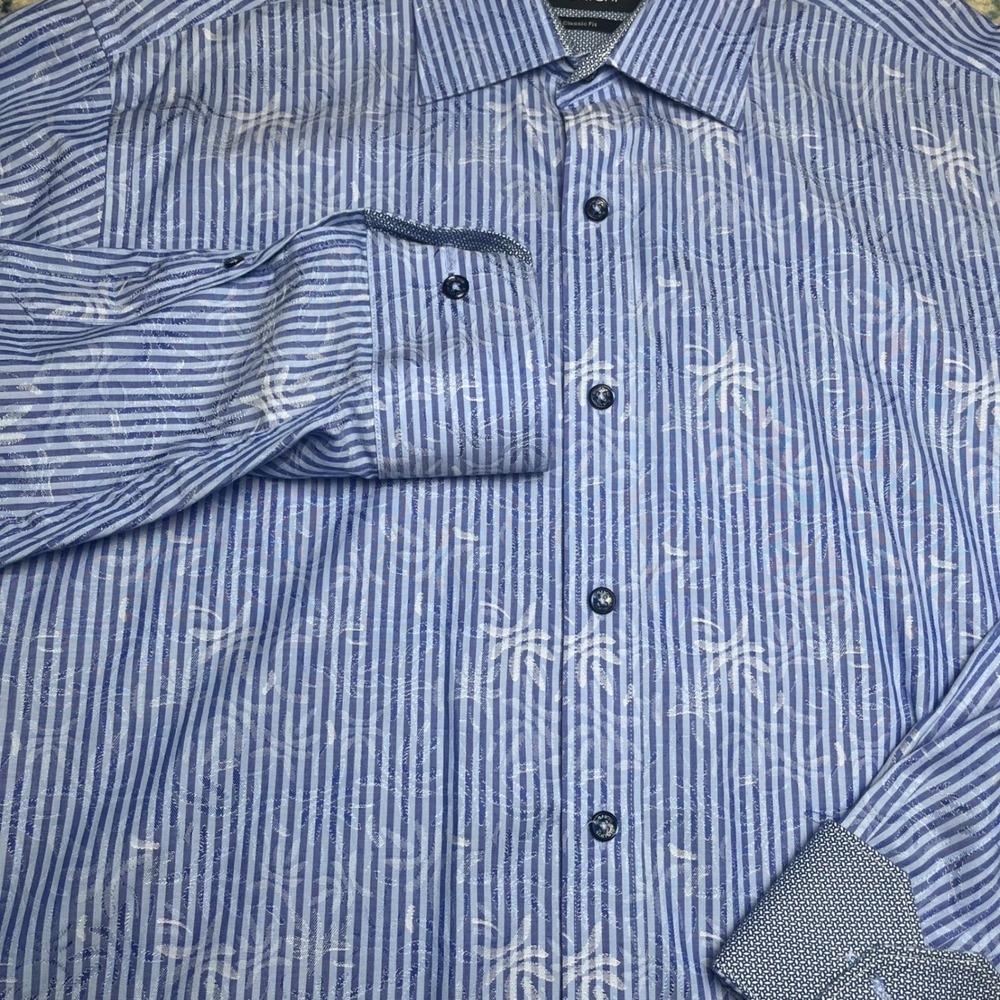 Bugatchi Button Down Shirt Mens Medium Blue Striped Jacquard Classic Fit LS - Picture 3 of 8